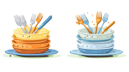 Poster - Dirty and clean dishes, piles of stained and washed kitchen utensils, Messy plates and cutlery, tableware before and after washing vector set, Illustration of kitchen dirty pile dishware