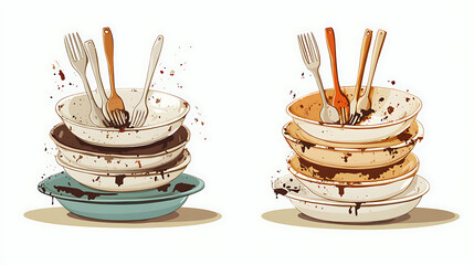 Poster - Dirty and clean dishes, piles of stained and washed kitchen utensils, Messy plates and cutlery, tableware before and after washing vector set, Illustration of kitchen dirty pile dishware