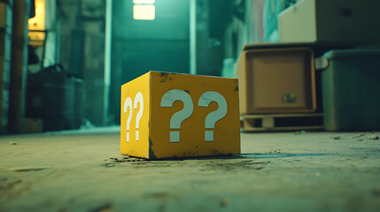 Poster - An indoor still-life photo of a small yellow box with a large white question mark printed on each side, reminiscent of a graphic element from a well-known platform video game