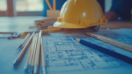 Aufkleber - Blueprint floor plan with pencils and hard hat symbolizing architectural project management