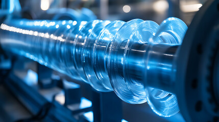 Aufkleber - Automated industrial machine for plastic packaging with light effects, showcasing the shaft of a packaging line with plastic film in a light blue scene