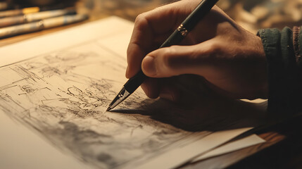 Aufkleber - Close-up of hand sketching storyboard for creative video production