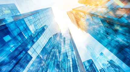 Aufkleber - Close-up of blue glass skyscraper buildings in the city with reflection, double exposure photography, double exposure