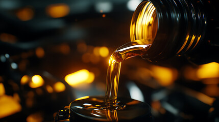 Leinwandbilder - Pouring oil motor car lubricant from black bottle on engine background , service oil change auto repair shop, concept of petrochemical cleaning technology