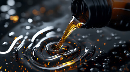 Poster - Pouring oil motor car lubricant from black bottle on engine background , service oil change auto repair shop, concept of petrochemical cleaning technology