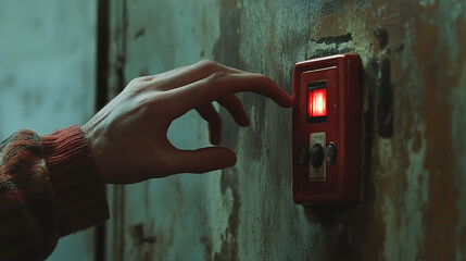 Poster - Close up of a hand pressing a fire alarm on a wall