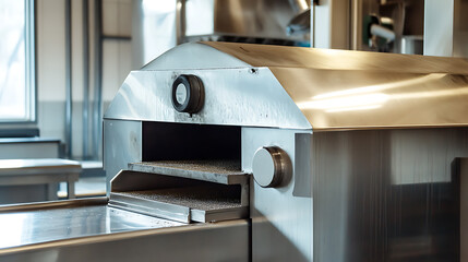 Poster - Close-up of a stainless steel exhaust hood featuring a grease trap in a large industrial kitchen used for producing semi-finished products
