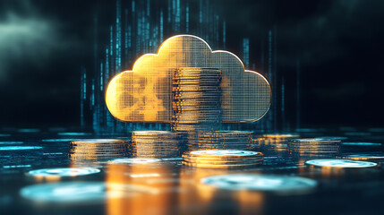 Poster - Cloud computing concept with a focus on growing money piles in the background, symbolizing financial growth and technological advancement