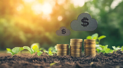 Poster - Cloud computing concept with a focus on growing money piles in the background, symbolizing financial growth and technological advancement