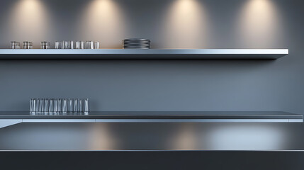 Aufkleber - Silver steel countertop, empty shelf, realistic mockup of table top, kitchen counter on gray background with spot light, Bar desk surface in foreground