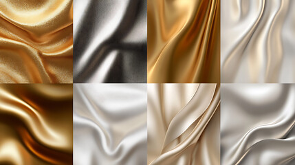 Aufkleber - Collection of gold fabric, silver foil, white paper, and transparent plastic film textures, presented in a 3D realistic vector set