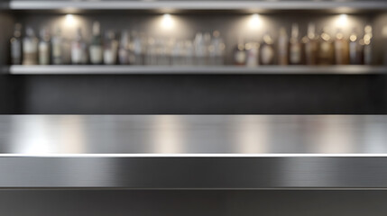 Aufkleber - Silver steel countertop, empty shelf, realistic mockup of table top, kitchen counter on gray background with spot light, Bar desk surface in foreground