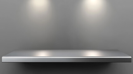 Aufkleber - Silver steel countertop, empty shelf, realistic mockup of table top, kitchen counter on gray background with spot light, Bar desk surface in foreground