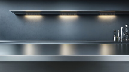 Aufkleber - Silver steel countertop, empty shelf, realistic mockup of table top, kitchen counter on gray background with spot light, Bar desk surface in foreground