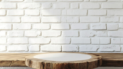 Poster - Kitchen table with an empty wooden pedestal in front of a white brick wall