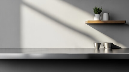 Poster - Silver steel countertop, empty shelf, realistic mockup of table top, kitchen counter on gray background with spot light, Bar desk surface in foreground