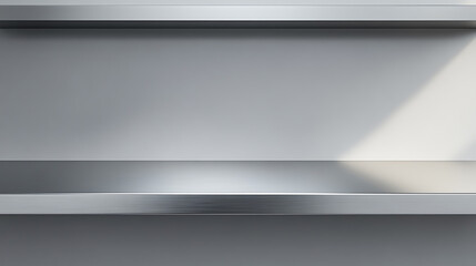Aufkleber - Silver steel countertop, empty shelf, realistic mockup of table top, kitchen counter on gray background with spot light, Bar desk surface in foreground