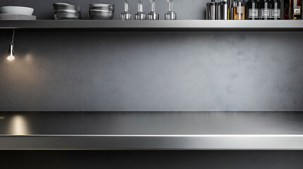 Poster - Silver steel countertop, empty shelf, realistic mockup of table top, kitchen counter on gray background with spot light, Bar desk surface in foreground