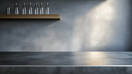 Aufkleber - Silver steel countertop, empty shelf, realistic mockup of table top, kitchen counter on gray background with spot light, Bar desk surface in foreground
