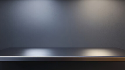 Aufkleber - Silver steel countertop, empty shelf, realistic mockup of table top, kitchen counter on gray background with spot light, Bar desk surface in foreground