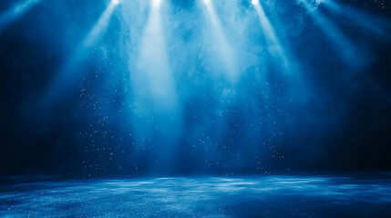 Aufkleber - Spotlight background, Illuminated blue stage, Divine radiance, Backdrop for displaying products, Bright beams of spotlights, shimmering glittering particles, a spot of light