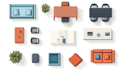 Aufkleber - Office Furniture Top View Vector Elements Set, Kit for a workspace, apartment, house, or office plan, Interior icon collection, Plant, table, chair, and sofa, Symbol for the project or interior design