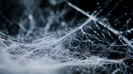 Poster - Delicate white spider webs on a black background, a banner with a copy space area