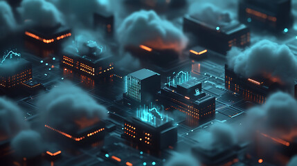 Poster - Data center with digital cloud icons representing cloud budgeting and monitoring
