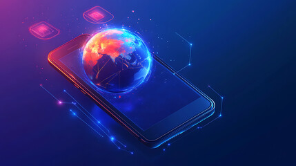 Poster - Digital technology concept, Earth hologram with global network and connectivity icons floating above a smartphone screen on a blue background