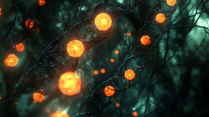Fototapete - Digital representation of dna strands with glowing nodes, symbolizing genetic biomarkers and molecular biology