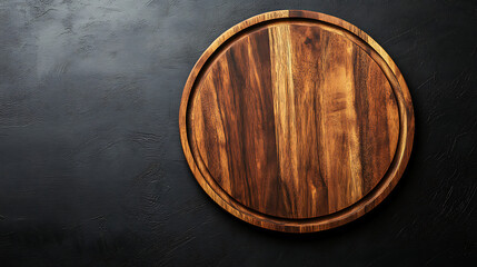 Poster - On black table, circular wooden tray or cutting board, Top view of barren kitchen with saw-cut imitation trendy rustic wooden tray, Background of food and menu items
