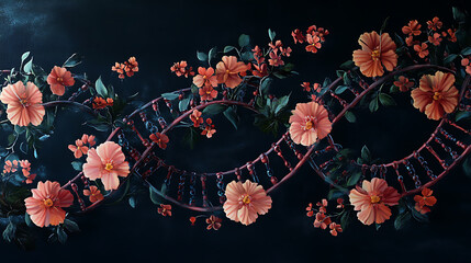 Poster - Dna strands with floral elements representing genetic engineering and bioengineering concepts