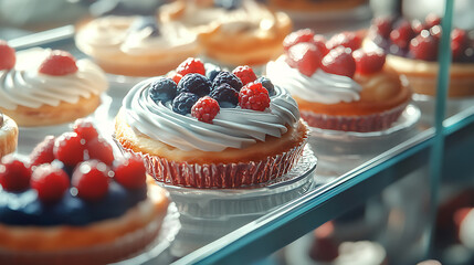 Aufkleber - assortment of sweet pastries and berry tarts in a glass display case candy store or confectionery food photography
