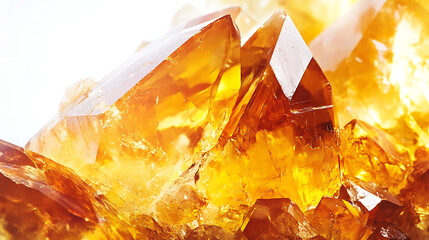 Poster - Extremely sharp and detailed close-up macro of an orange Citrine Quartz Crystal mineral stone cluster isolated on a white background, Natural raw translucent shiny yellow crystal specimen