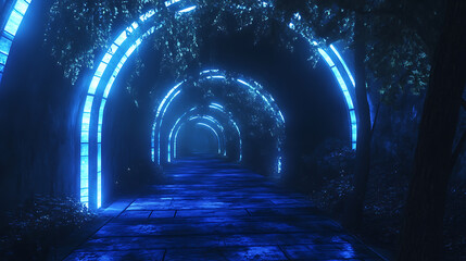 Poster - Futuristic sci-fi tunnel decorated with neon blue lights for an elegant banner design