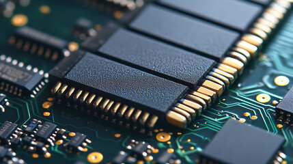 Poster - circuit board with computer chips memory modules and processors macro photography