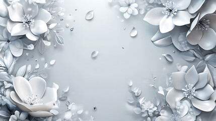 Fototapete - Elegant 3D floral background with silver and white flowers