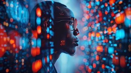 Aufkleber - African American Man in Glasses Analyzing Data on Digital Screens with Neon Light Effects High-Tech Side View Double Exposure