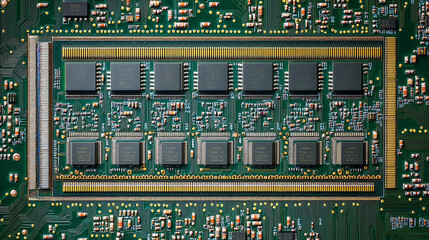 Fototapete - circuit board with computer chips memory modules and processors macro photography