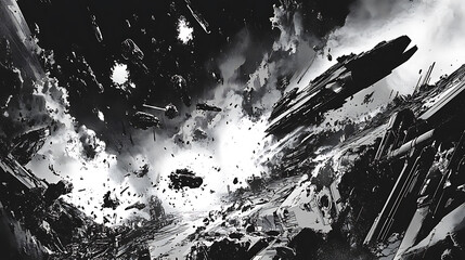 Poster - Epic black and white comic book page with futuristic battle scene