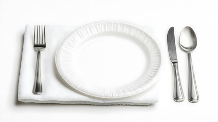 Poster - Towel, fork, spoon, and disposable white plastic plate isolated on a white background