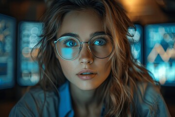 Poster - female engineer coding in futuristic high-tech office with digital screens