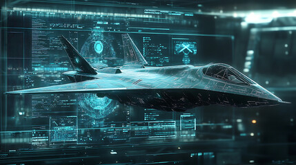 Aufkleber - futuristic military aircraft hologram in high-tech digital display