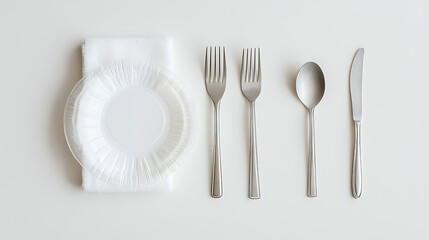 Poster - Towel, fork, spoon, and disposable white plastic plate isolated on a white background