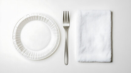 Poster - Towel, fork, spoon, and disposable white plastic plate isolated on a white background