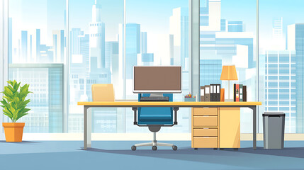 Poster - Vector illustration of a front view of a modern, empty office, Isolated on a cityscape are a table, chair, desk, computer, desktop, books, plant, lamp, and trash can