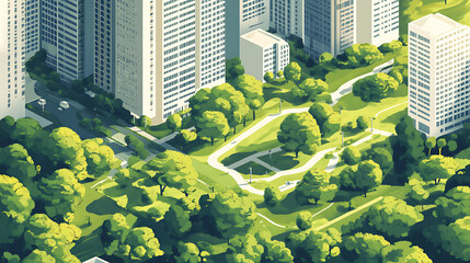 Aufkleber - Illustration of urban green spaces with trees and pathways, highlighting the integration of nature in city planning