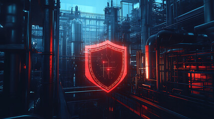 Poster - Industrial facility with a shield symbolizing protection, representing energy security and critical infrastructure protection for national safety