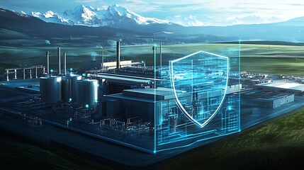Aufkleber - Industrial facility with digital shield overlay, symbolizing critical infrastructure protection against cyber threats