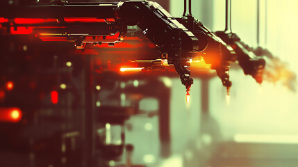 Poster - futuristic robotic welding arms in automotive factory industry 40 automation blurred digital art